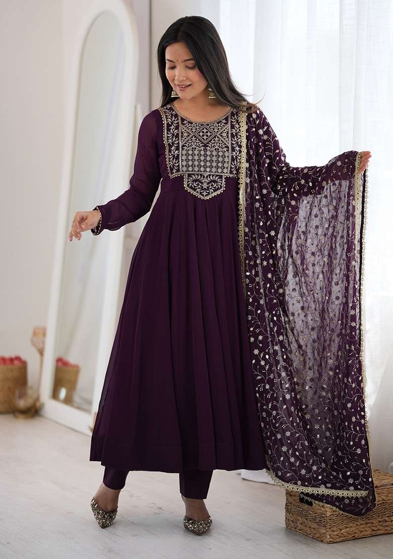 Wine Embroidery Georgette Kurta Set - Indya