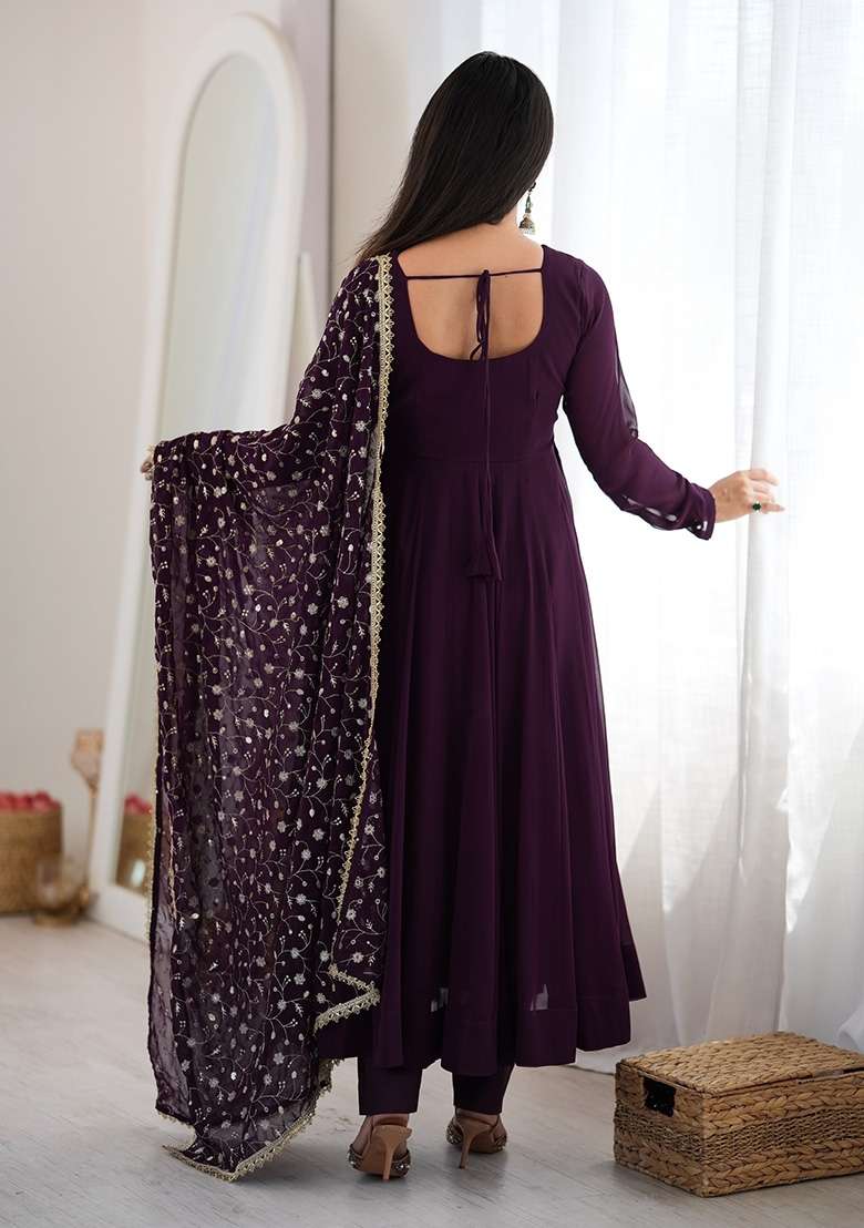 Wine Embroidery Georgette Kurta Set - Indya