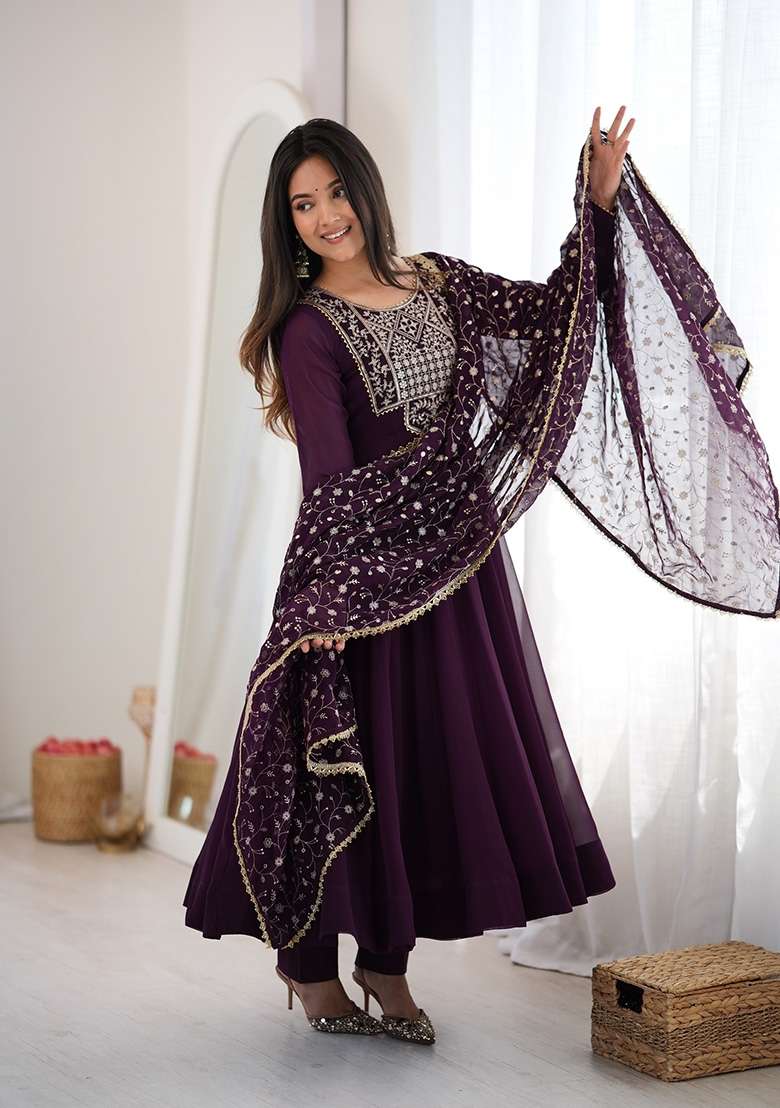 Wine Embroidery Georgette Kurta Set - Indya