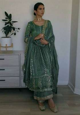 Green Embroidery Silk Kurta Set