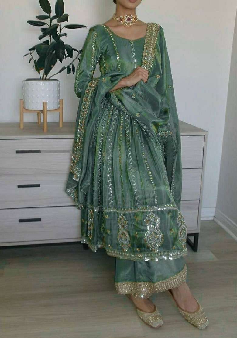 Green Embroidery Silk Kurta Set - Indya