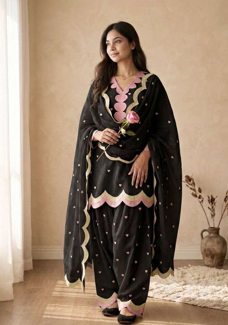 Black Embroidery Chanderi Kurta Set - Indya