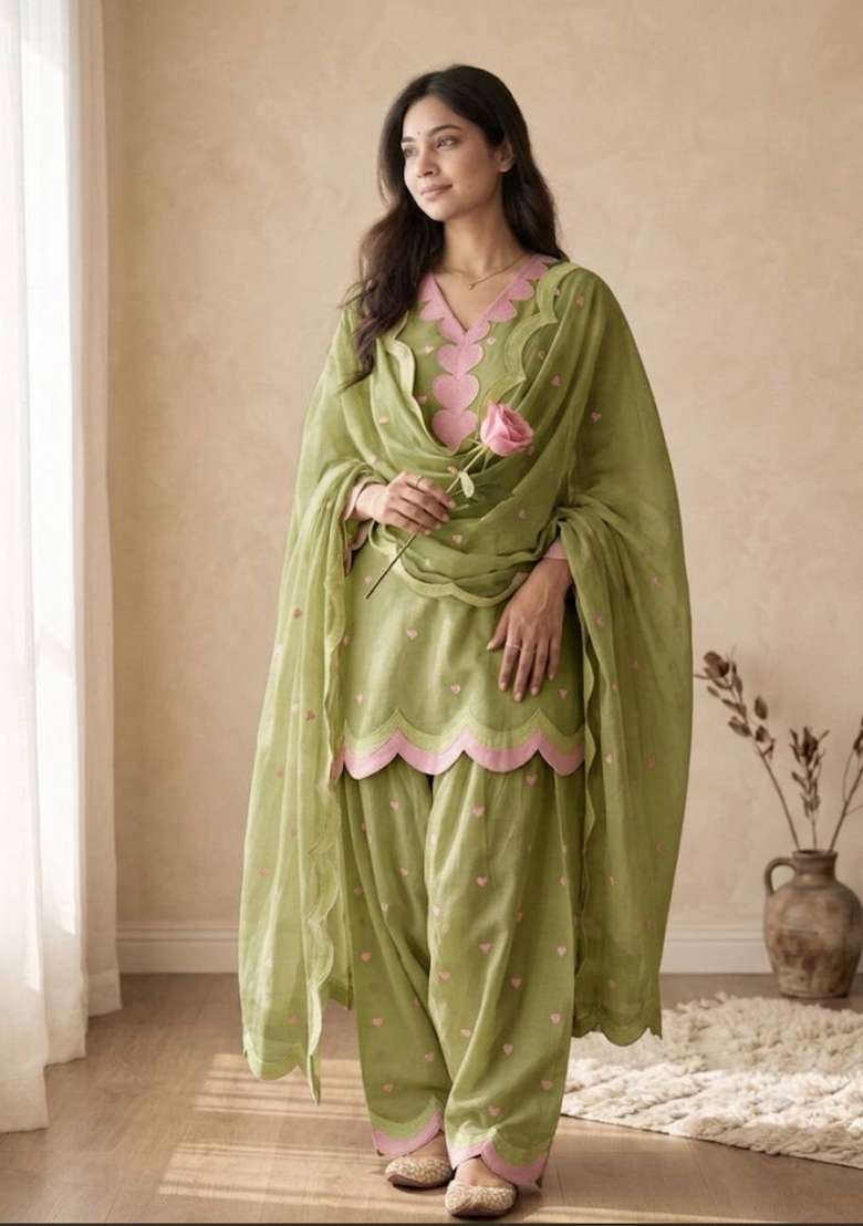Green Embroidery Chanderi Kurta Set - Indya