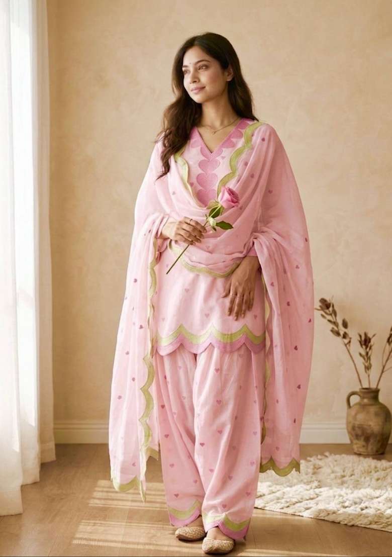Pink Embroidery Chanderi Kurta Set - Indya