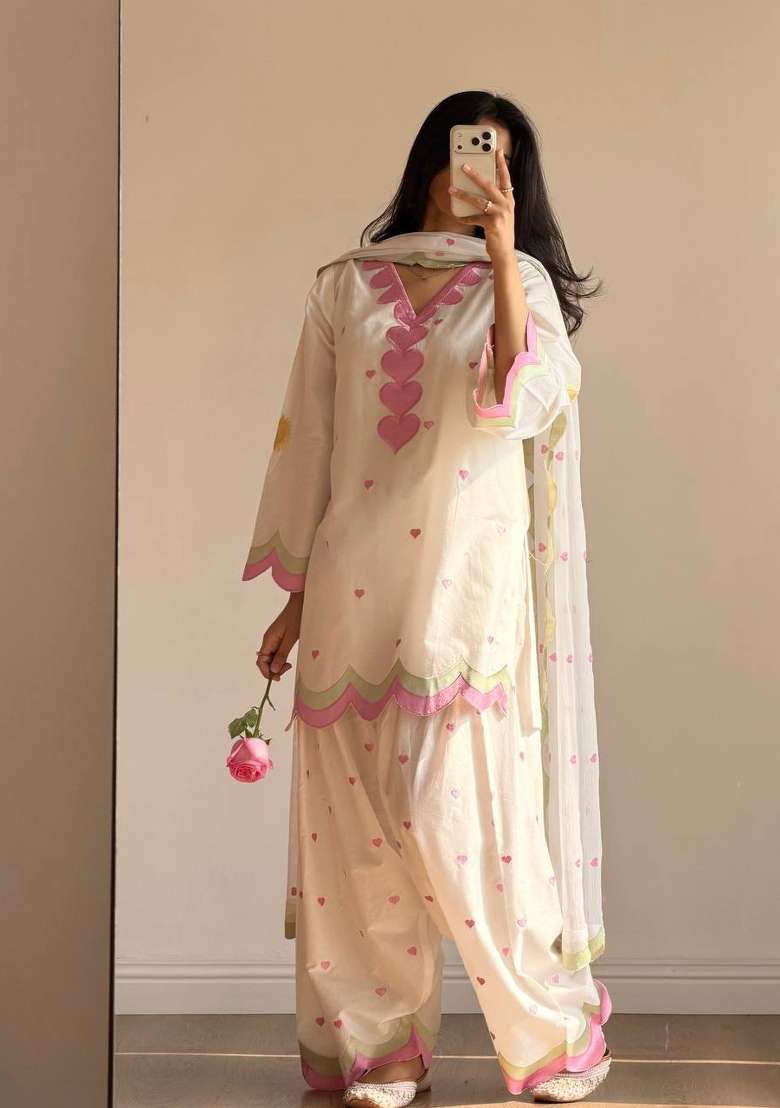White Embroidery Chanderi Kurta Set - Indya