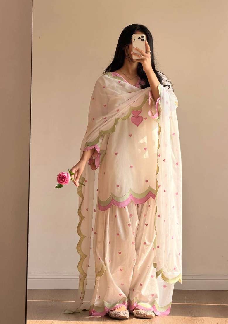 White Embroidery Chanderi Kurta Set - Indya