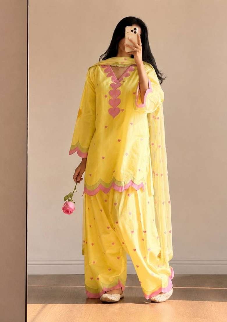 Yellow Embroidery Chanderi Kurta Set - Indya
