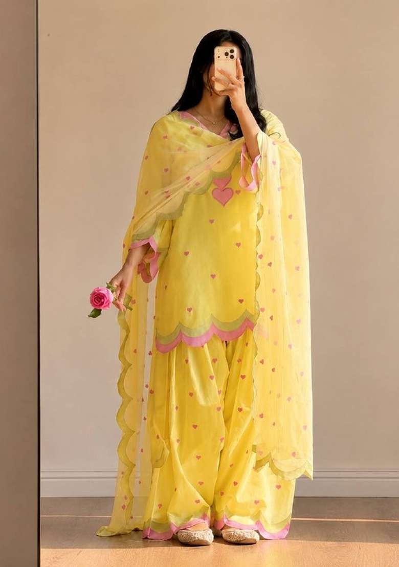 Yellow Embroidery Chanderi Kurta Set - Indya