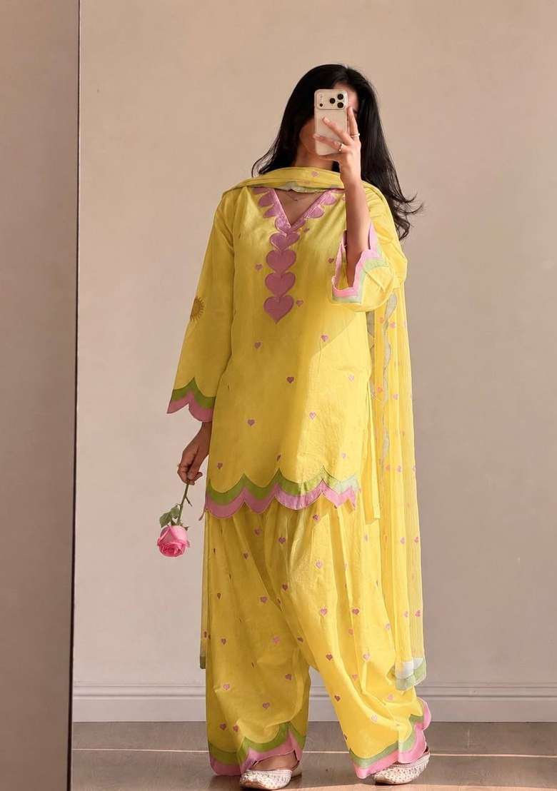 Yellow Embroidery Chanderi Kurta Set - Indya