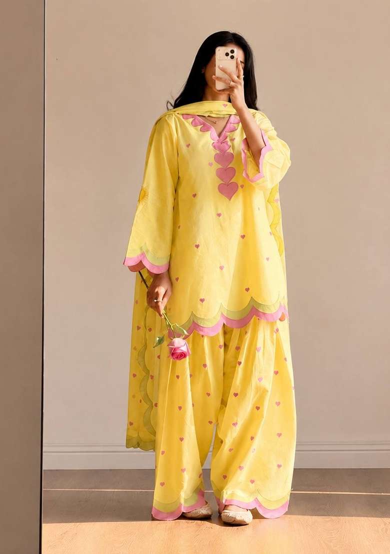 Yellow Embroidery Chanderi Kurta Set - Indya