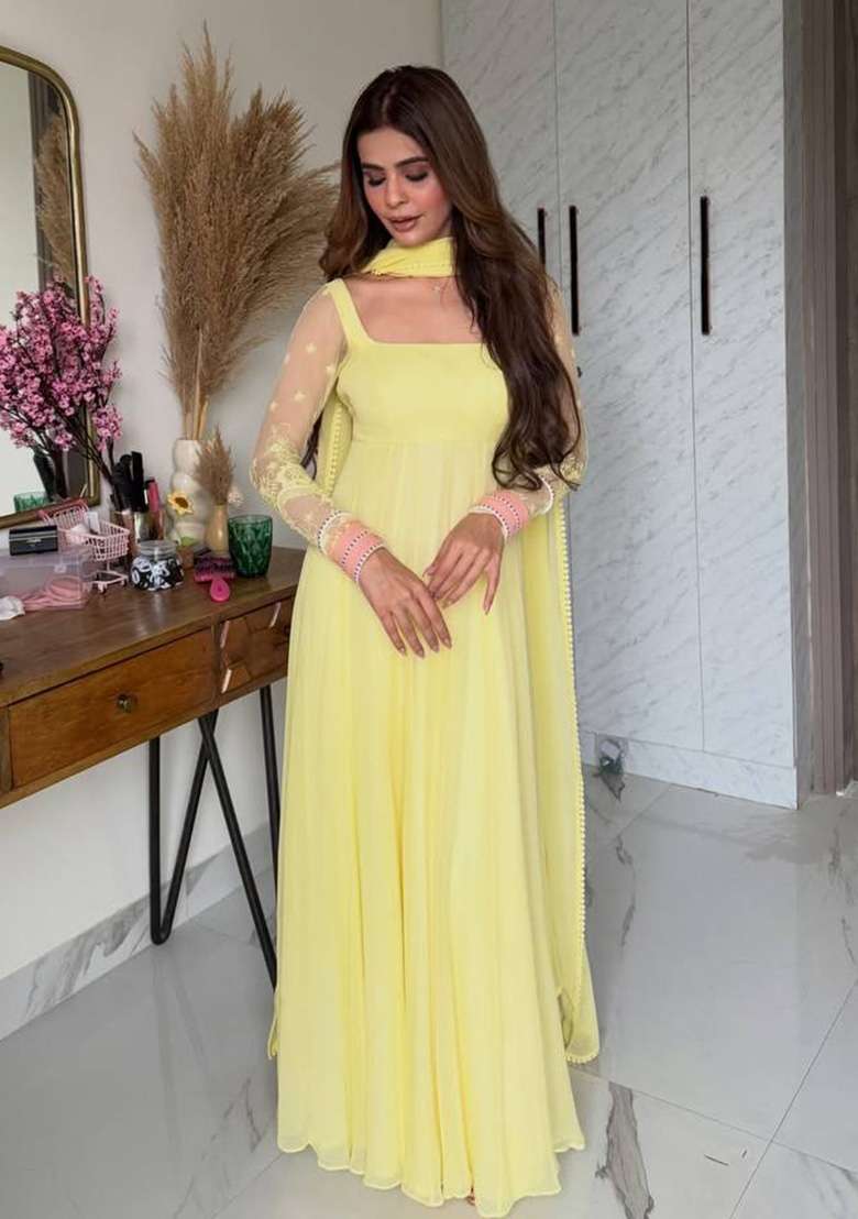 Yellow Embroidery Georgette Kurta Set - Indya