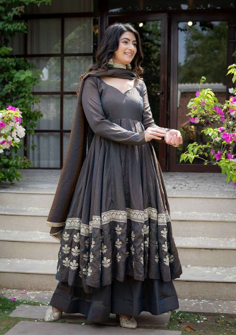 Navy Blue Embroidery Silk Sharara Set - Indya
