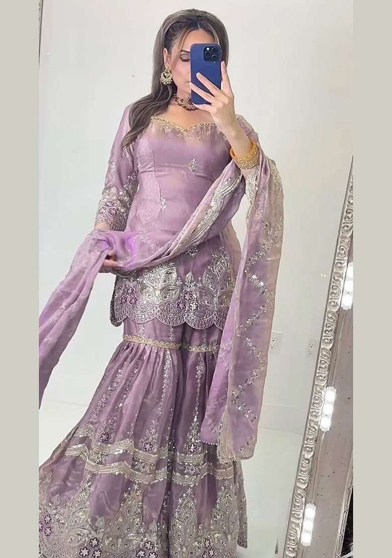 Lavender Embroidery Fendi Sharara Set - Indya