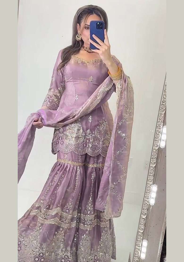 Lavender Embroidery Fendi Sharara Set - Indya