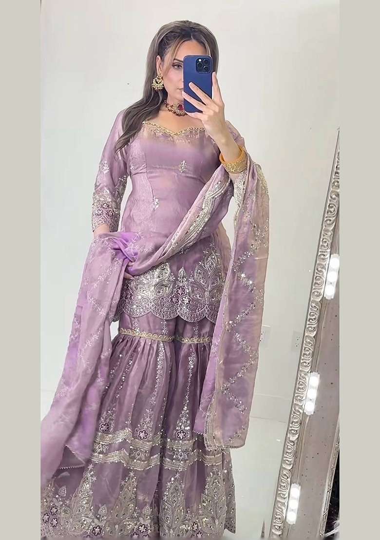Lavender Embroidery Fendi Sharara Set - Indya