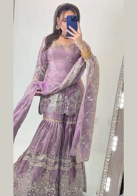 Lavender Embroidery Fendi Sharara Set