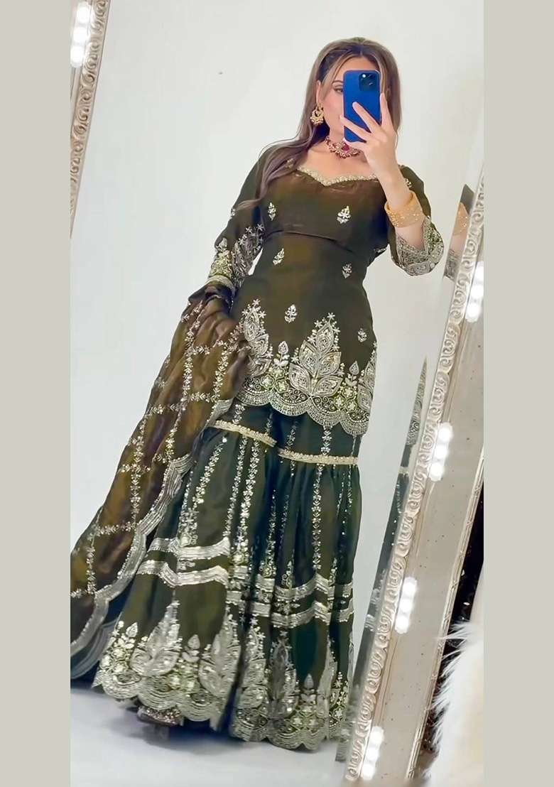 Mehendi Embroidery Fendi Sharara Set - Indya