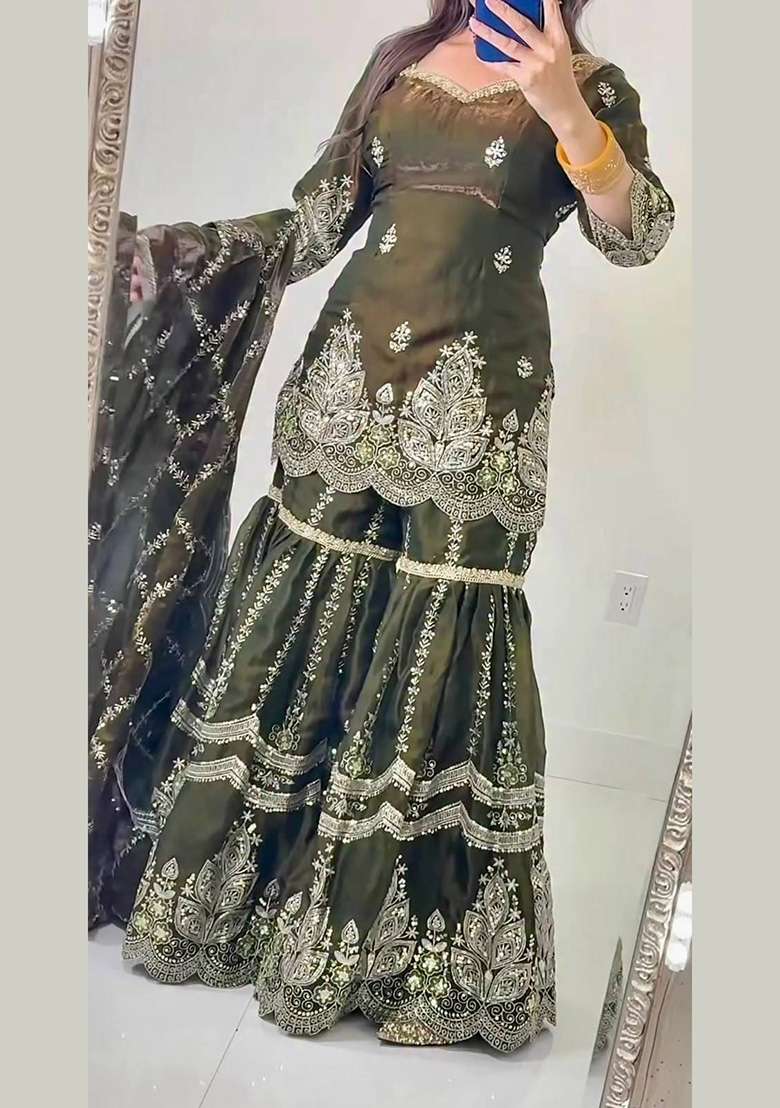 Mehendi Embroidery Fendi Sharara Set - Indya