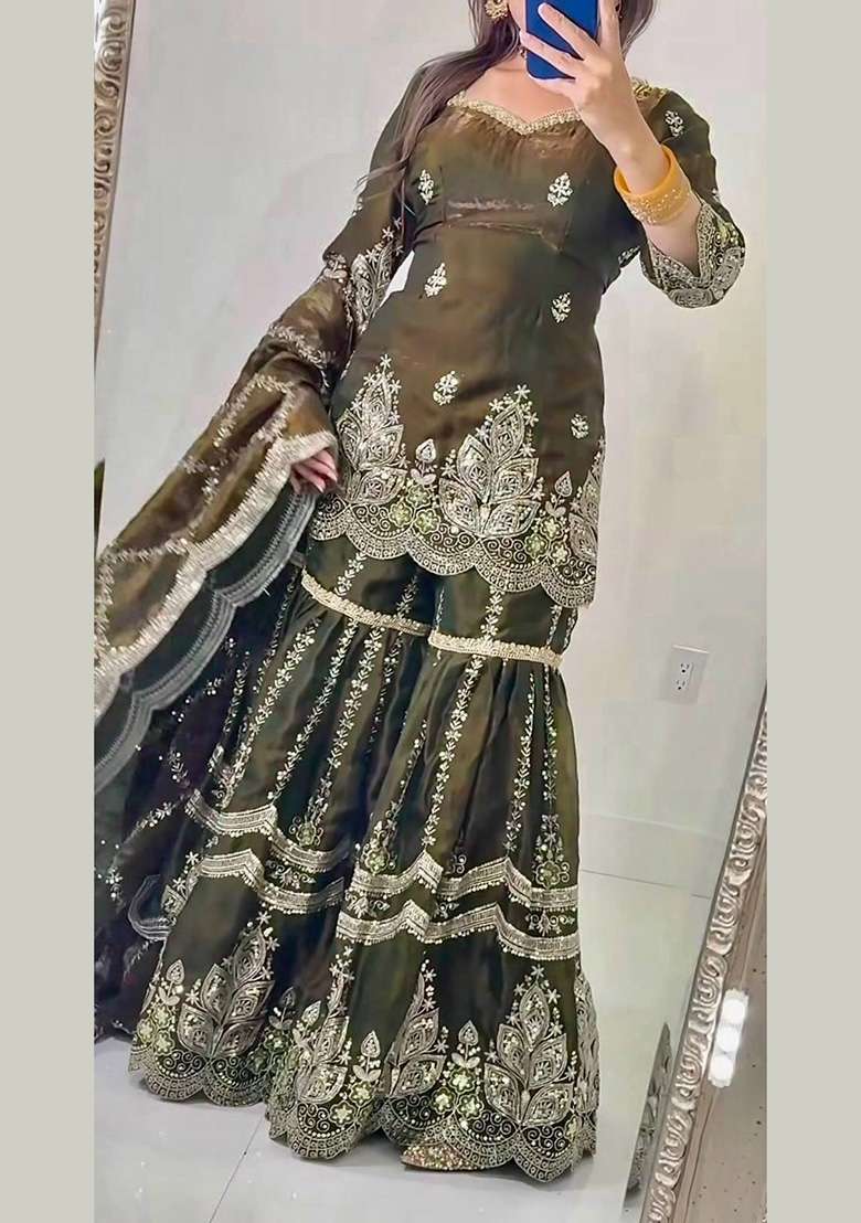 Mehendi Embroidery Fendi Sharara Set - Indya