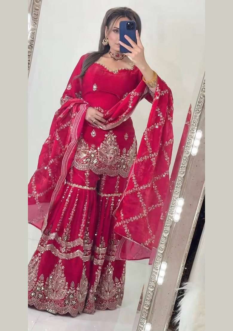 Red Embroidery Fendi Sharara Set - Indya