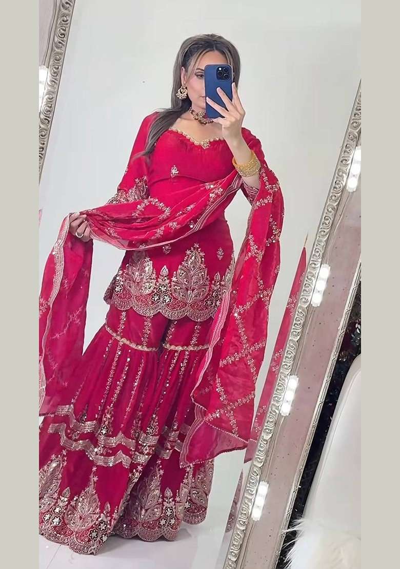 Red Embroidery Fendi Sharara Set - Indya