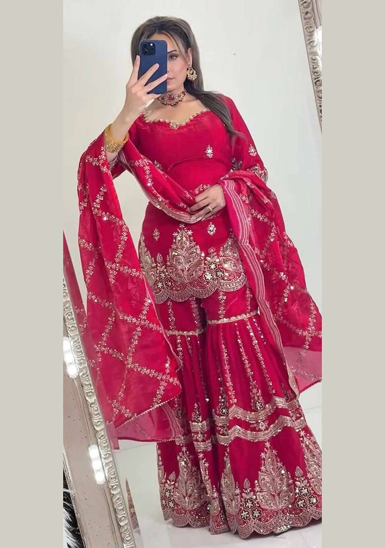 Red Embroidery Fendi Sharara Set - Indya