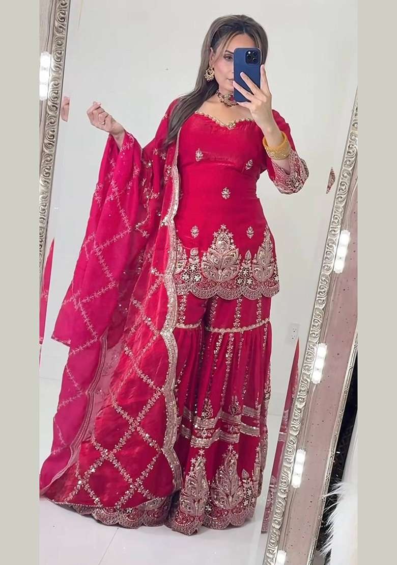 Red Embroidery Fendi Sharara Set - Indya