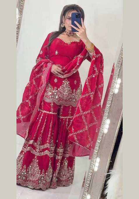 Red Embroidery Fendi Sharara Set