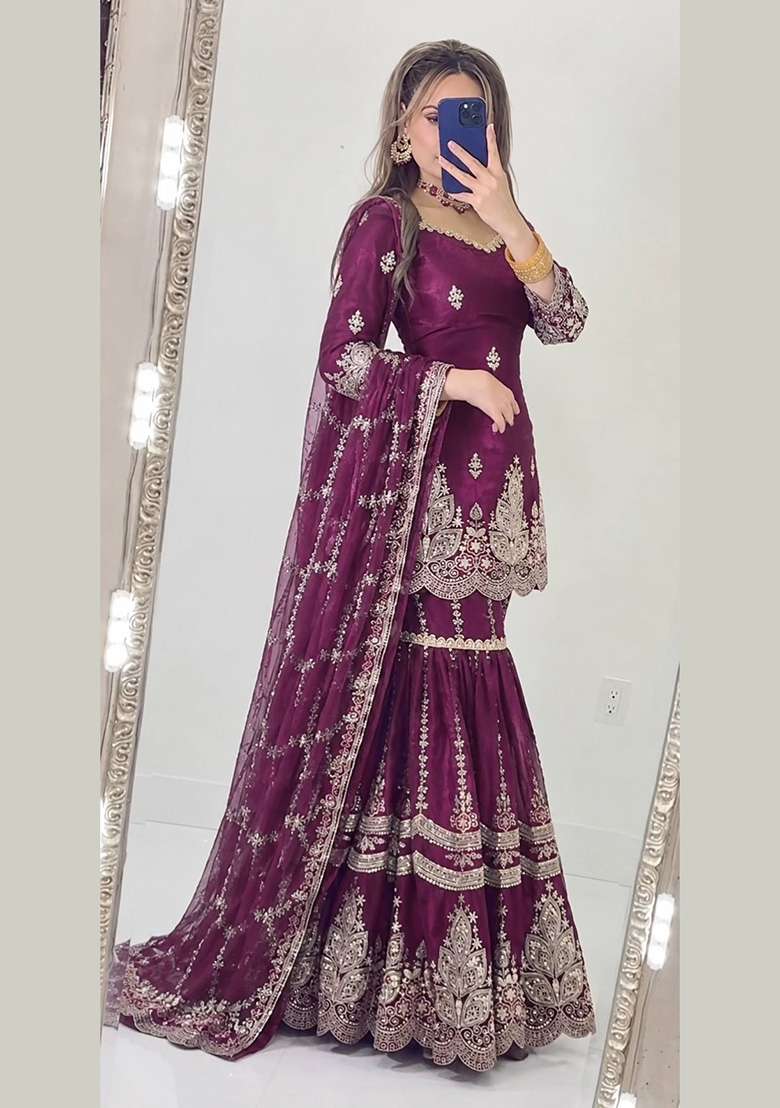 Wine Embroidery Fendi Sharara Set - Indya