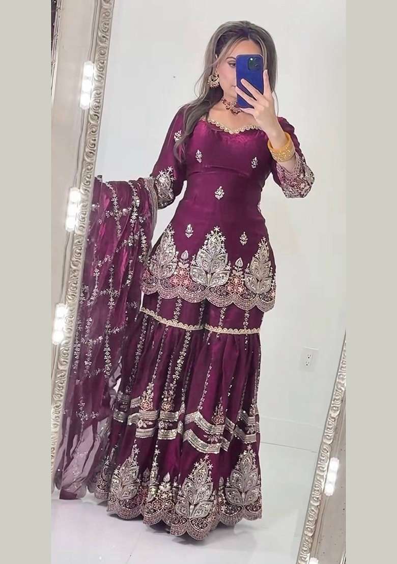 Wine Embroidery Fendi Sharara Set - Indya