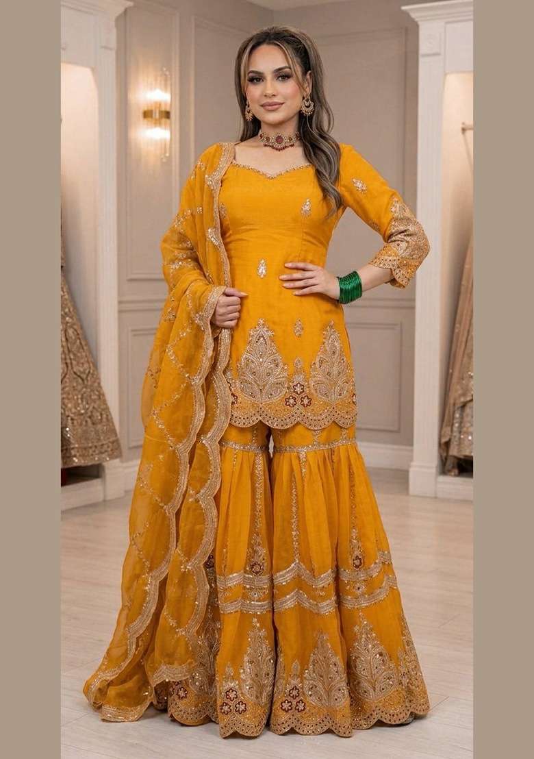 Yellow Embroidery Fendi Sharara Set - Indya