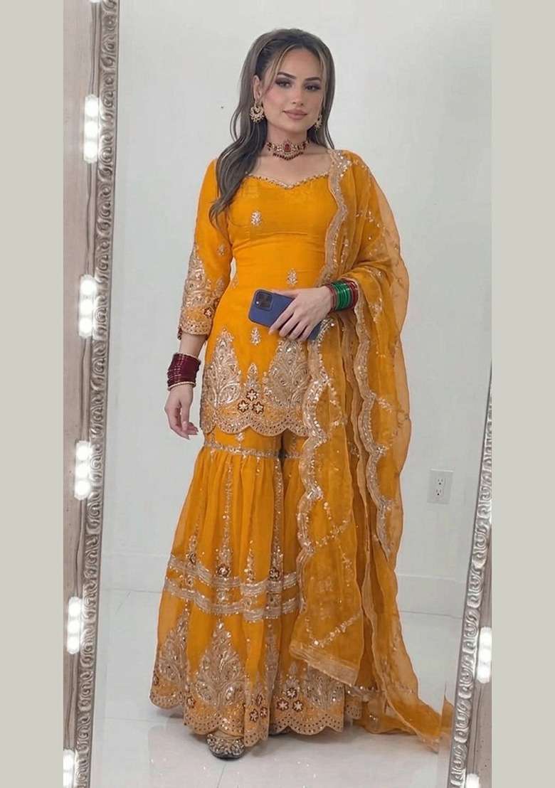 Yellow Embroidery Fendi Sharara Set - Indya