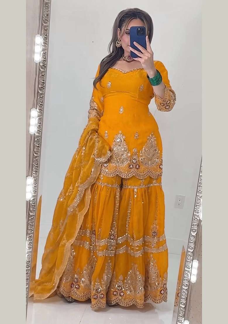 Yellow Embroidery Fendi Sharara Set - Indya