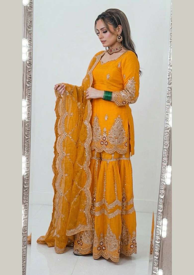 Yellow Embroidery Fendi Sharara Set - Indya