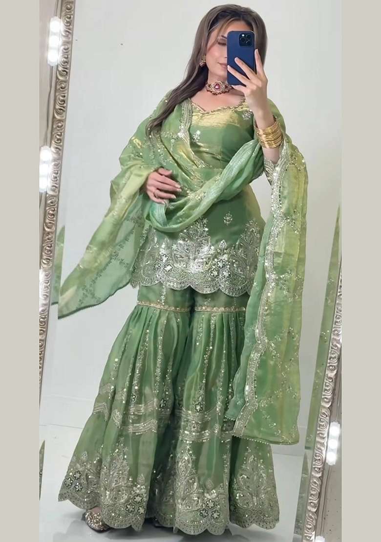 Green Embroidery Fendi Sharara Set - Indya