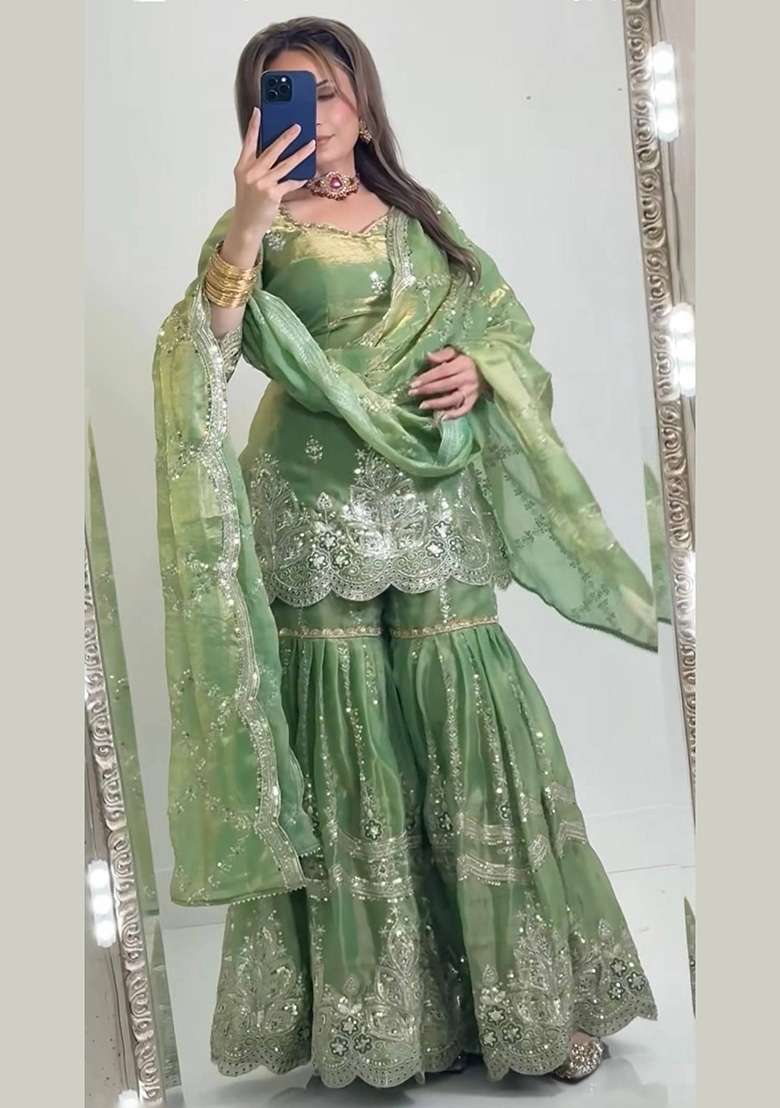 Green Embroidery Fendi Sharara Set - Indya