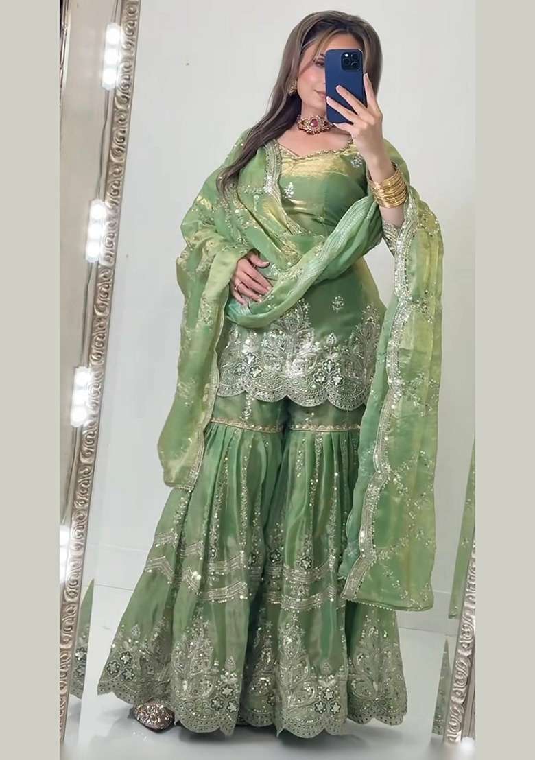 Green Embroidery Fendi Sharara Set - Indya