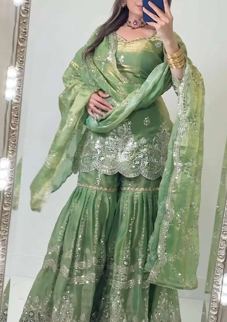 Green Embroidery Fendi Sharara Set - Indya