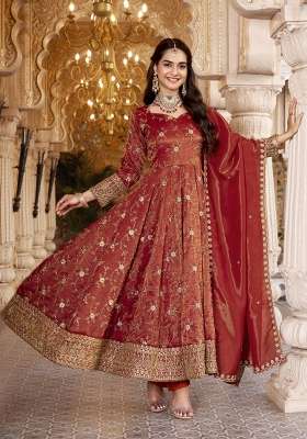 Orange Embroidery Silk Kurta Set