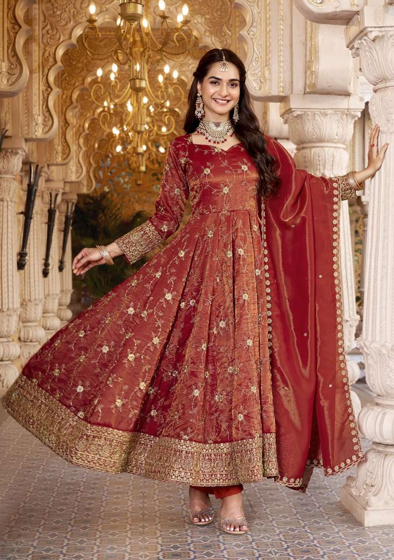 Orange Embroidery Silk Kurta Set - Indya
