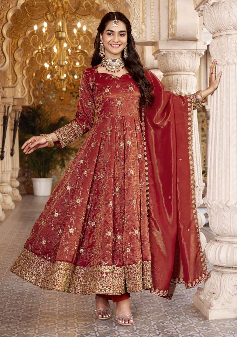 Orange Embroidery Silk Kurta Set - Indya