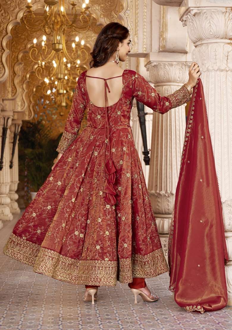 Orange Embroidery Silk Kurta Set - Indya