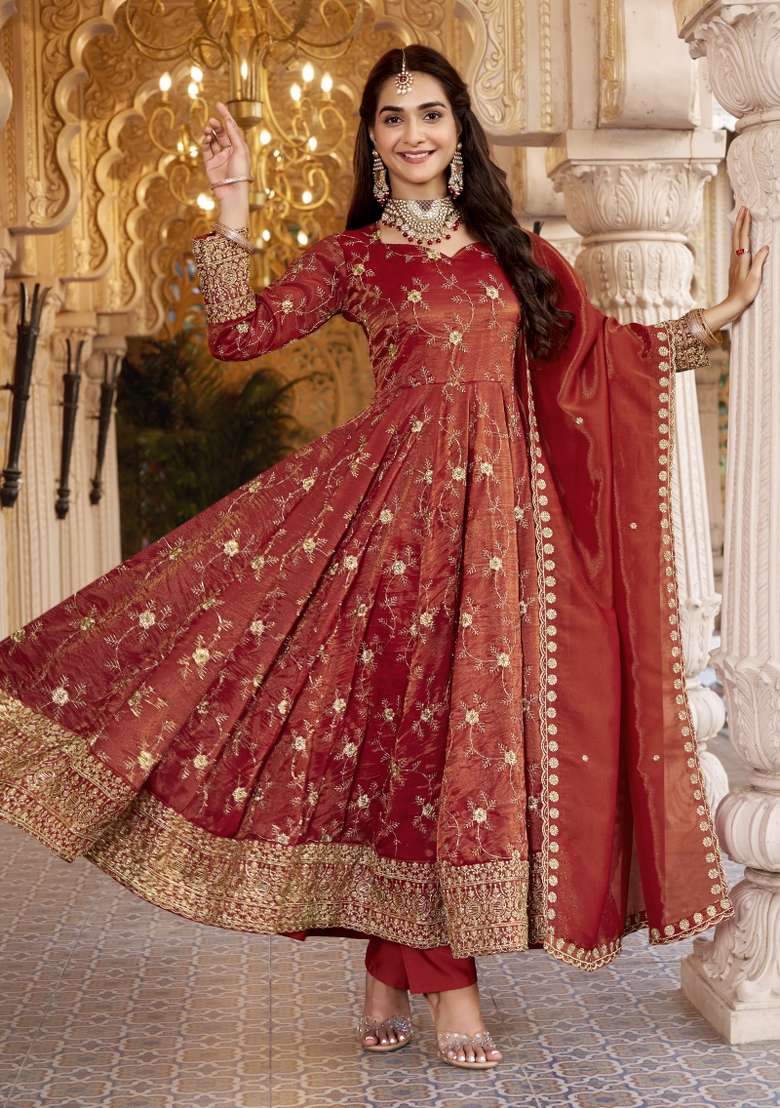 Orange Embroidery Silk Kurta Set - Indya
