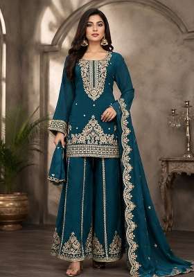 Teal Embroidery Viscose Kurta Set