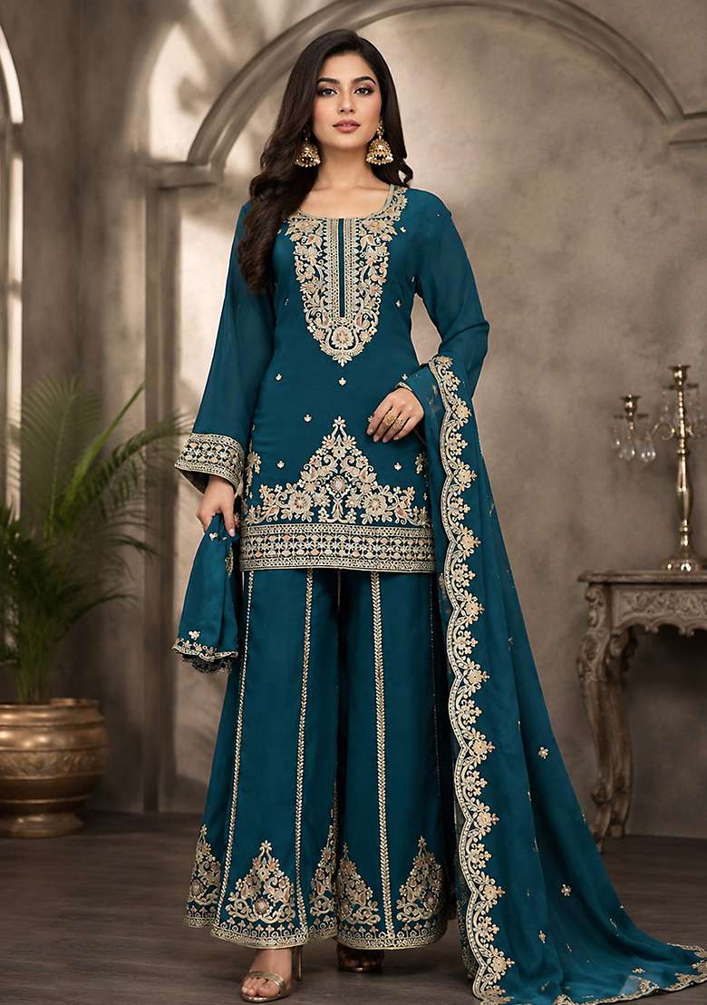 Teal Embroidery Viscose Kurta Set - Indya