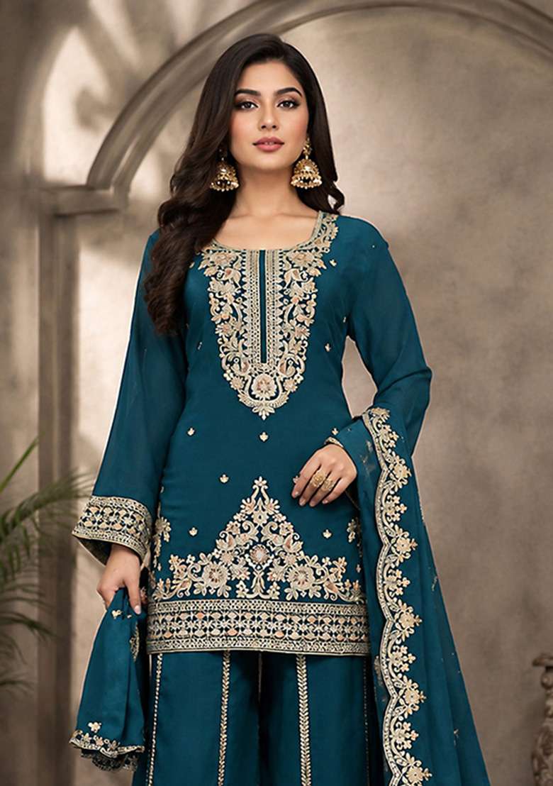 Teal Embroidery Viscose Kurta Set - Indya