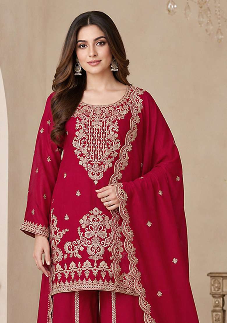 Red Embroidery Viscose Kurta Set - Indya