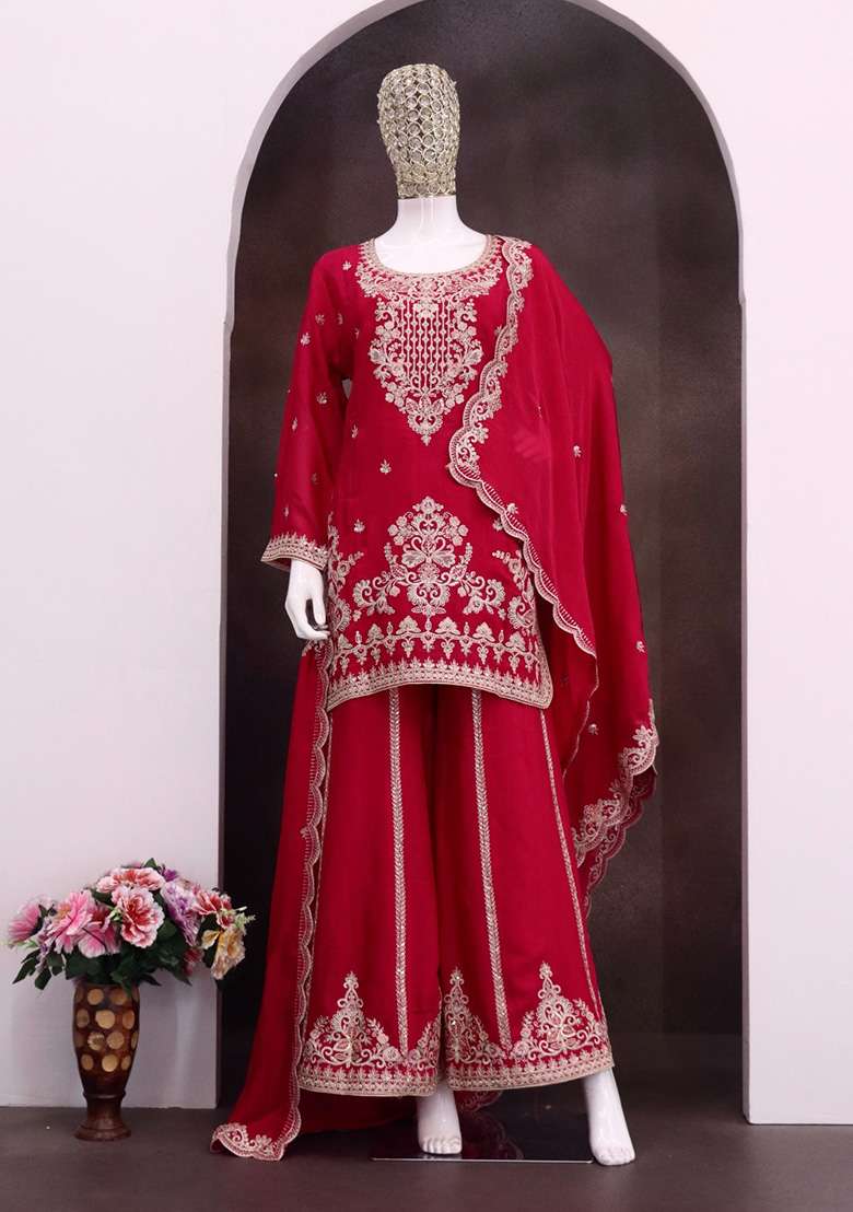 Red Embroidery Viscose Kurta Set - Indya