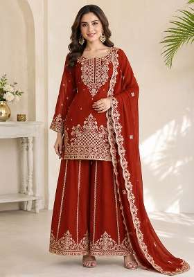 Orange Embroidery Viscose Kurta Set