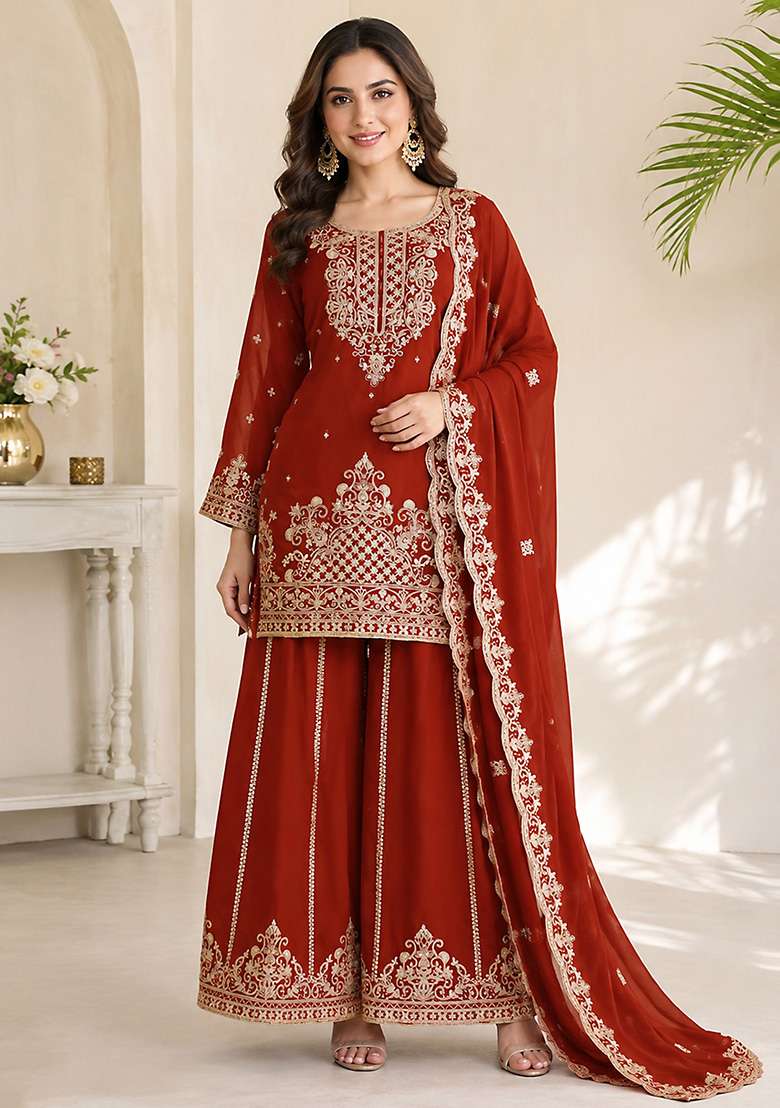 Orange Embroidery Viscose Kurta Set - Indya